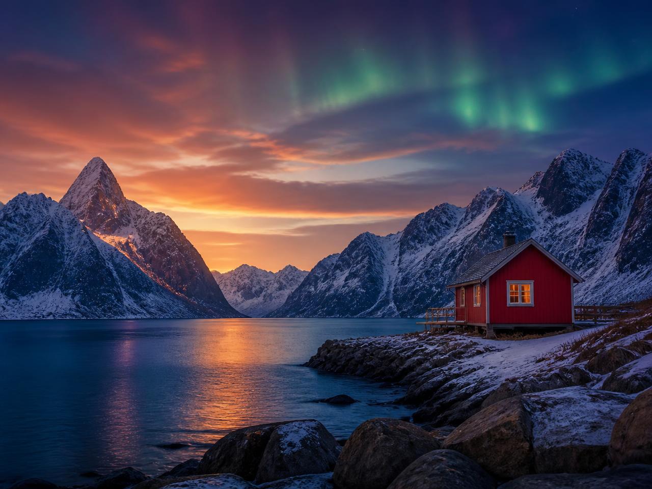Viaggio N4 Nordic & Baltic: fiordo norvegese con cabina rossa e aurora boreale — itinerario di lusso su misura